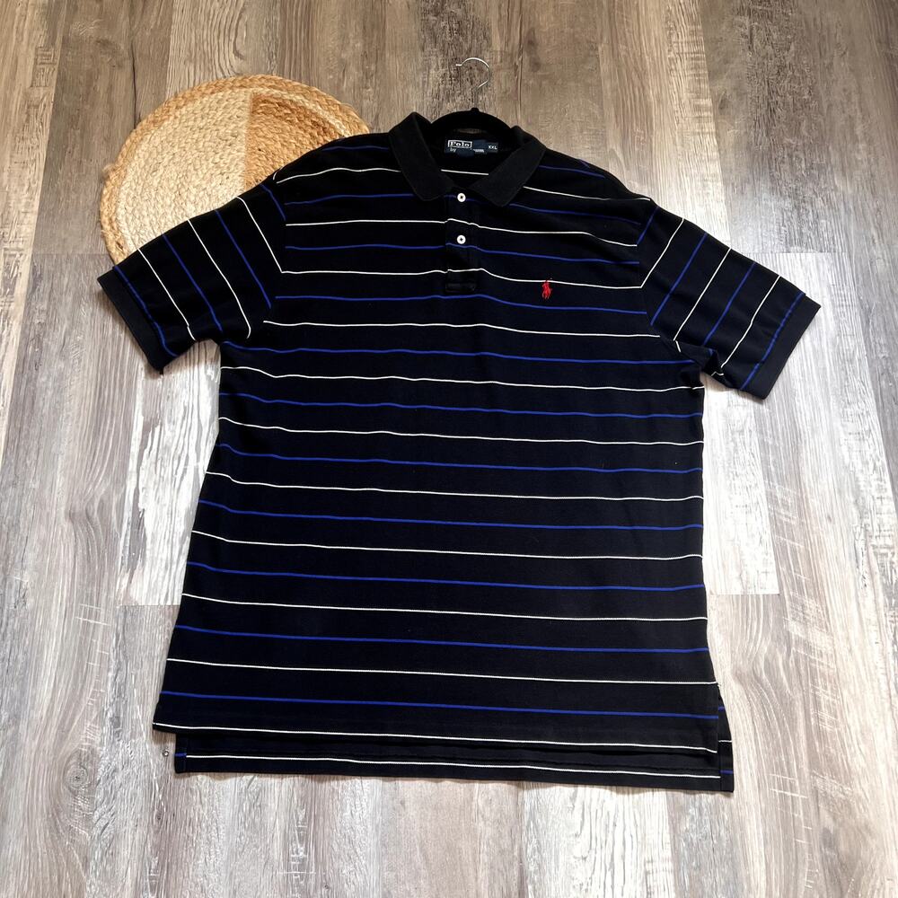 POLO BY RALPH LAUREN Vtg Pony Black & Blue Striped Short Sleeve Polo Shirt